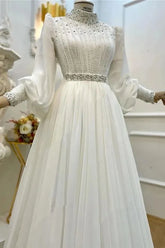 Islamic Muslim Dubai Luxury Wedding Gown Chiffon with Beading Long Sleeve Hijab Bridal Dress High Neck A-Line Robe De Mariée